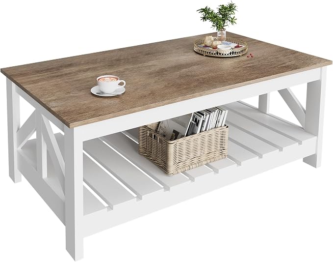 YESHOMY Farmhouse Coffee Table, Coffee Tables for Living Room, Farmhouse Square Coffee Table with Storage, Couch Table, Small Tables for Small Spaces, Gray & White