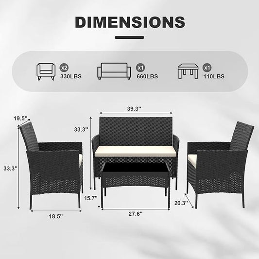 4 Piece Patio Furniture Set, Outdoor Deck Rattan Chair Wicker Combo Furniture, All Weather Dialogue Rattan Sofa with Upholstery and Glass Table for Garden, Backyard, Porch, Lawn, Pool, Black+White