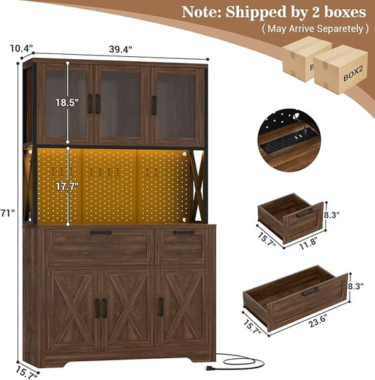 Unikito 71" Tall Pantry Cabinet, Kitchen Pantry Storage Cabinet with Charging Station & LED Lights, Large Microwave Stand Coffee Bar Hutch with Drawers & DIY Pegboard for Dining Room, Weathered Brown