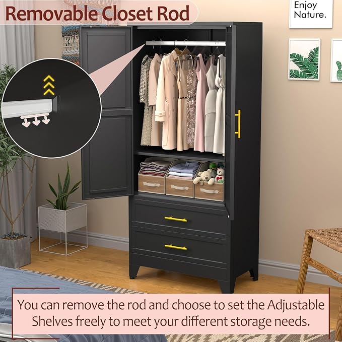 winiowa Metal Armoire Wardrobe Closet with 2 Drawers, 71" Wardrobe Cabinet with Adjustable Shelves and Hanging Rod, Clothing Storage Cabinet Closet with Mirror for Bedroom-Black