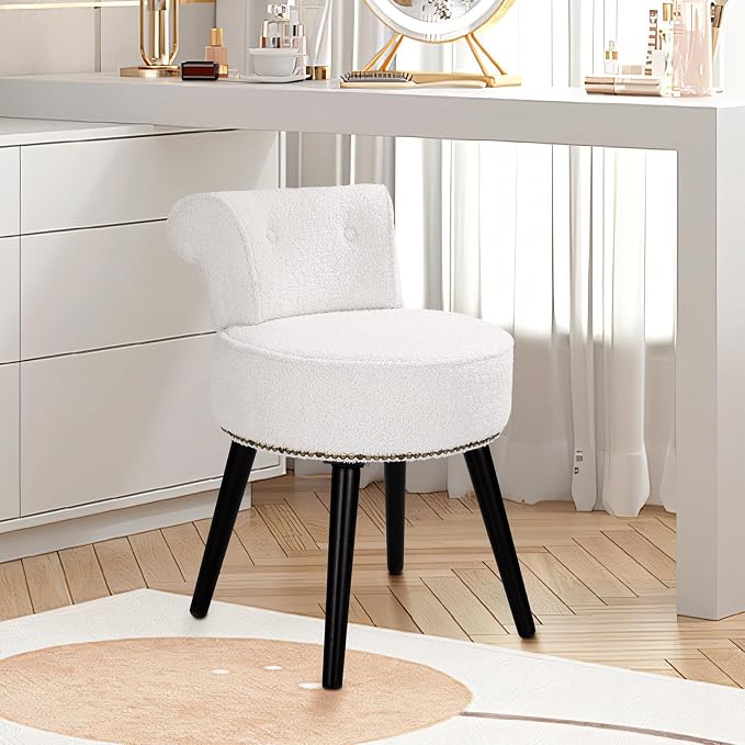 Vanity Chair with Back, Sherpa Stool with Tufted Low Backrest & Gold Nailhead Trim, Round Vanity Seat for Bedroom and Bathroom Makeup, Support 220lbs, Easy Assembly (Teddy White)