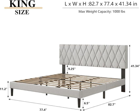 CXVX King Size Bed Frame with Diamond Tufted Headboard, Linen Upholstered Platform Bed and Wooden Slat Support, Noise-Free, No Box Spring Needed, Easy Assembly, Light Grey