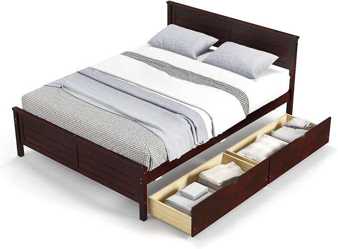 KOMFOTT Full Size Wood Bed Frame with 2 Storage Drawers, Mid Century Platform Bed Frame with Headboard, Sturdy Wooden Slats Support, Modern Mattress Foundation, No Box Spring Required, Easy Assembly