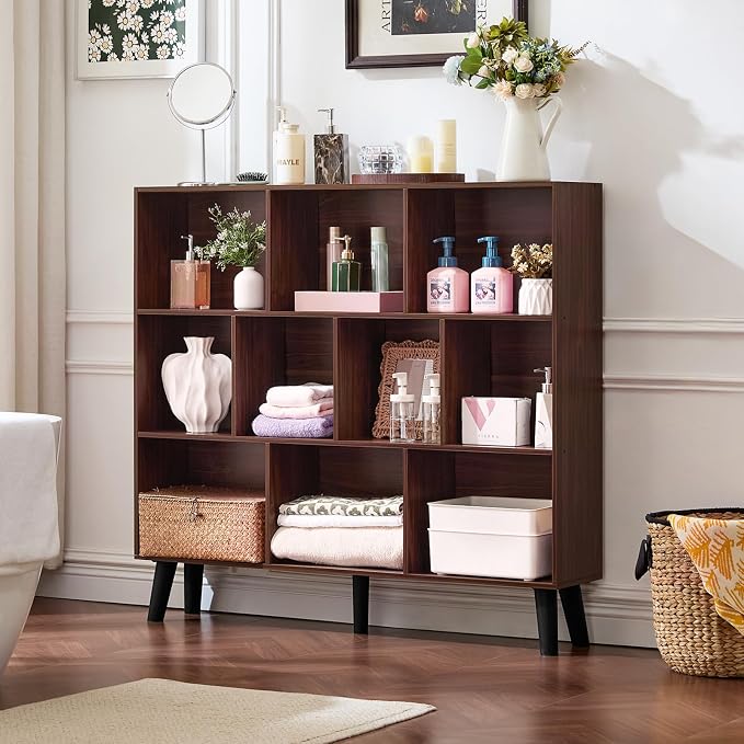 LEYAOYAO 10 Cube Bookshelf,3 Tier Modern Wide Bookcase with Legs,Mid-Century Wood Bookshelves Storage,Mint-Walnut Large Book Case,Freestanding Organizer Display Shelf for Bedroom,Living Room,Office