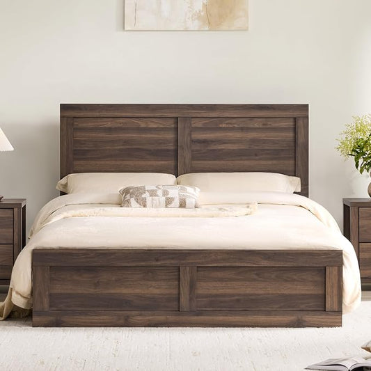 KISLOT Wood Bed Frame, Full Size Wooden Platform Bed Frame with Headboard and Footboard Mattress Foundation Farmhouse Bedroom Furniture No Box Spring Needed