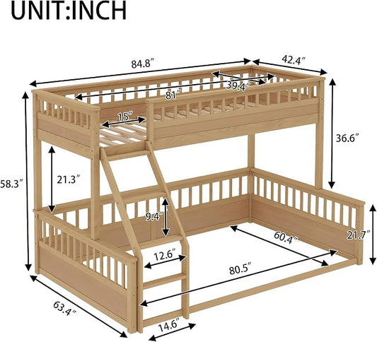 RUNNA Twin XL Over Queen Bunk Bed, Detachable, Ladder, Natural | Twin XL over queen bunk bed, detachable design, ladder, guardrails, solid wood frame, no box spring needed, rustic natural