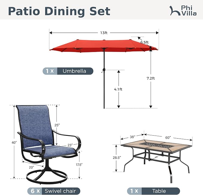PHI VILLA Patio Dining Set with Umbrella for 6 Person, Outdoor Swivel Dining Chairs & 1 Large Wooden-Like Top Table with 13ft Orange Red Outdoor Umbrella(No Base) for Deck Lawn Garden Backyard