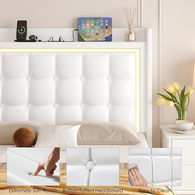 Keyluv Twin Floating Bed Frame with Storage Headboard, LED Lights & Charging Station Platform Bed, Soft Upholstered PU Leather, USB/Type-C Ports, Easy Assembly, White