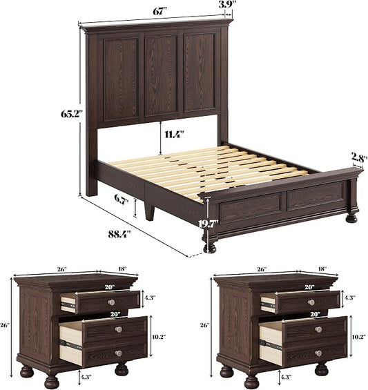 AMERLIFE Solid Wood 3 Piece Bedroom Set Including 65.2" High Queen Bed Frame, Fully Assembled Nightstands Set of 2 with 2 Storage Drawers for Bedroom, Dark Brown