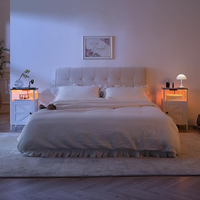 Yoobure Farmhouse NightStand with Charging Station,Wood Night Stand End Table with USB Ports, LED Bed Side Table with Storage Cabinet,Bedside Table for Bedroom, Living Room White