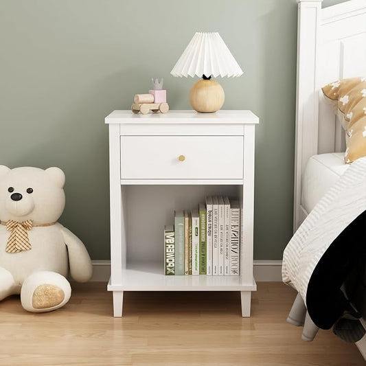 Nightstand with Drawer, 26.77''H Wooden Nightstand with Drawer & Open Storage Shelf, Modern Bedside Table for Kids, End Table for Living Room Bedroom, White