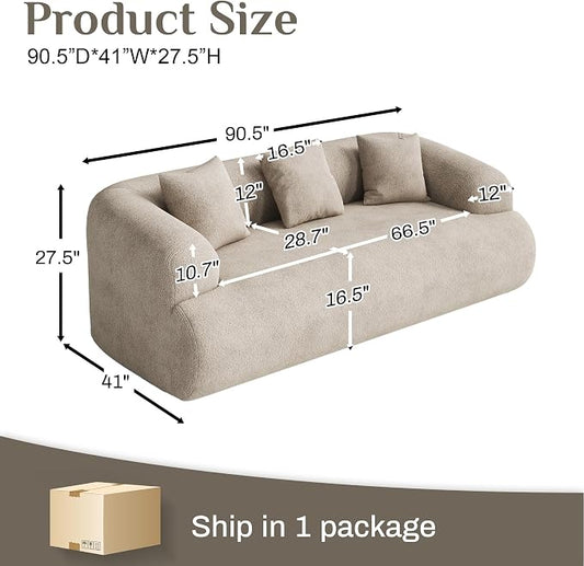 91" Boneless Couch,Cloud Couch,Chenille Curved Sofa with 3 Seater and 3 Pillows, Modern Compression Sofa for Living Room, Bedroom and Apartment, No Assembly Required, Light Brown