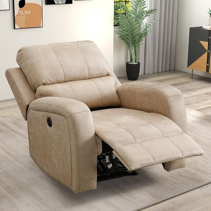 HAOMARKETS Electric Recliner Chair, Soft PU Leather Power Recliners with Padded Backrest, Single Overstuffed Heavy Duty Reclining Sofa for Living Room Bedroom, Beige