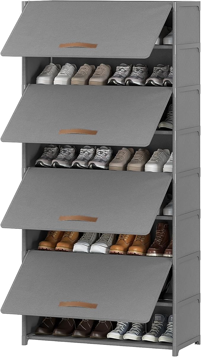 Shoe Rack, 9 Tier Shoe Storage Cabinet with Door 36 Pair Plastic Shoe Shelves Organizer for Closet, Entryway, Hallway, Bedroom, Grey