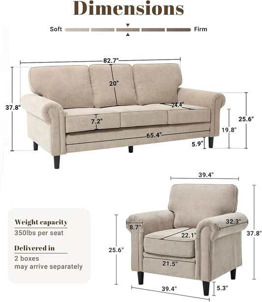 Kingfun 3 Seater Couch with Chair, Mid Century Modern Sofa Set with Rolled Arms and Deep Seats, Fluffy Comfort for Living Room, Apartment, Easy Assembly, Khaki