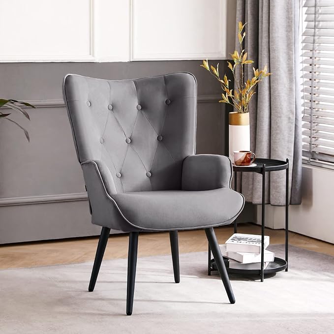 Furniliving Modern Accent Chair, Velvet Tufted Button Wingback Chair Upholstered Side Armchair Comfy Lounge Chair with Tapered Legs Sofa Leisure Chair for Home Office/Living Room/Bedroom, Grey