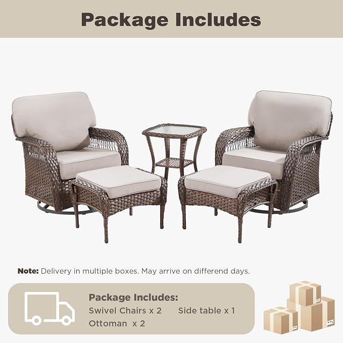 Belord Wicker Swivel Rocker Patio Chairs with Ottoman, All-Weather Wicker Outdoor Furniture Set, 5 Piece Patio Conversation Furniture Set,Beige