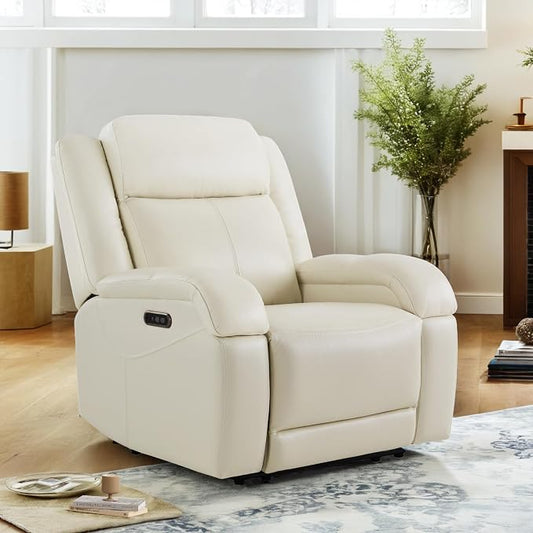 Watson & Whitely Oversized Genuine Leather Power Recliner Chairs for Big and Tall, Wall Hugger Recliner with Power Headrest & Charging Ports, Extra Large Reclining Chair for Living Room, Cream