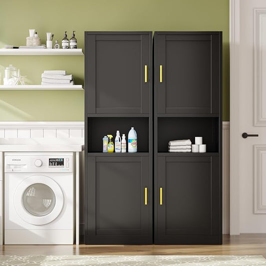 67" H Metal Tall Narrow Storage Cabinet, Freestanding Floor Cabinet with 2 Doors and Adjustable Shelves, Pantry Storage Cabinet for Bathroom, Living Room, Entryway and Kitchen (Black)