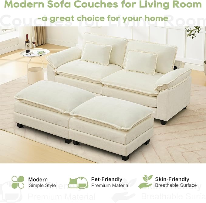 Oprisen 86" Modular Sectional Sofa, Comfy Cloud Couch Sectional Sofa with Ottoman, Chenille Sofa Sleeper Deep Seat Sofa with Throw Pillows for Living Room (Beige White)