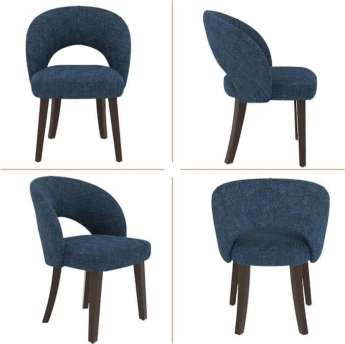 Dining Chairs Set of 2, Mid Century Modern Dining Chairs with Solid Wood Legs, Curved Back Kitchen Chair Farmhouse Side Upholstered Chairs for Kitchen Dining Room, Blue