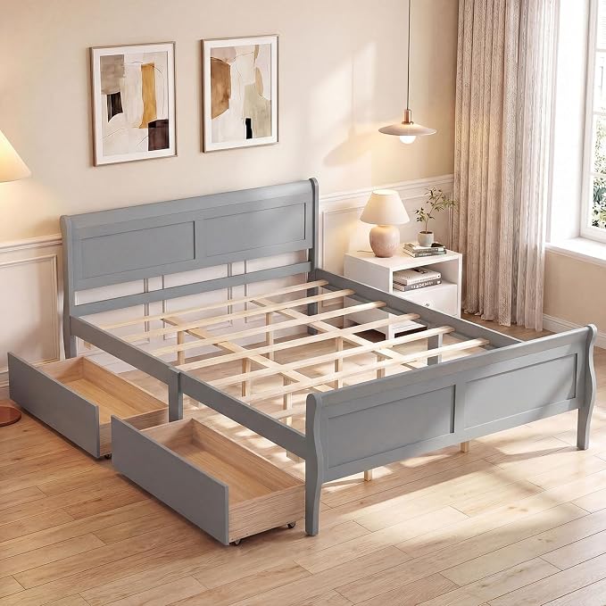 Giantex Queen Bed Frame with 2 Storage Drawers, Wood Platform Bed w/Headboard & Footboard, Wooden Slats Support Mattress Foundation, Sleigh Bedframe for Teens Adults, No Box Spring Needed (Grey)