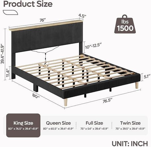 Bestier King Bed Frame with Adjustable Headboard & LED Lighting, Corduroy Upholstered Platform Bed Frame with Storage Shelf, Solid Wood Slats, No Box Spring Needed, Never Squeak, Easy Assembly, Black