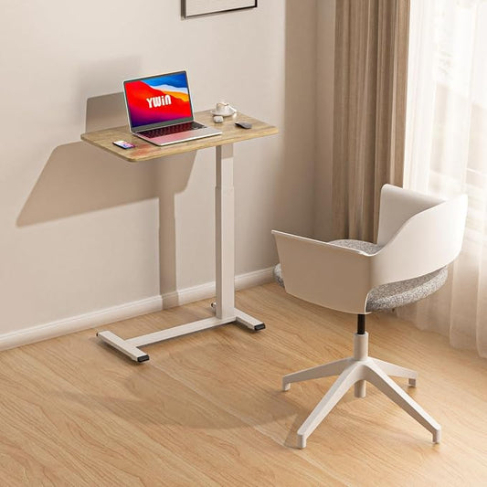 Ywin Medical Overbed Table with Wheels, Pneumatic Lift, Light Rustic Brown | Rolling Bedside Table, Adjustable Height 27–43Inch, Mobile Portable Laptop Desk Perfect for Home Use, Patient Care, Office