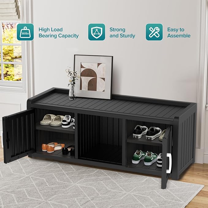 DRATO Outdoor Shoe Storage Cabinet, Waterproof Resin Shoe Storage Bench, Large Shoes Rack Cabinet with 2 Doors for Outdoor Indoor Entryway Hallway Corner Bedroom Porch (Black, 2 Doors)