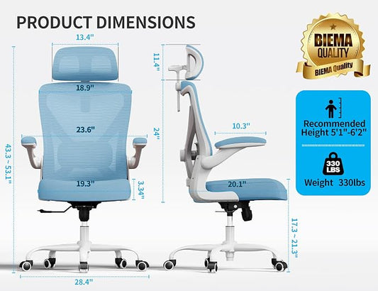 Ergonomic Office Chair - Mesh Desk Chair with Adjustable Lumbar Support High Back Computer Gaming Chairs - Big and Tall Office Chairs Adults, Comfortable for Long Hours, Sky Blue