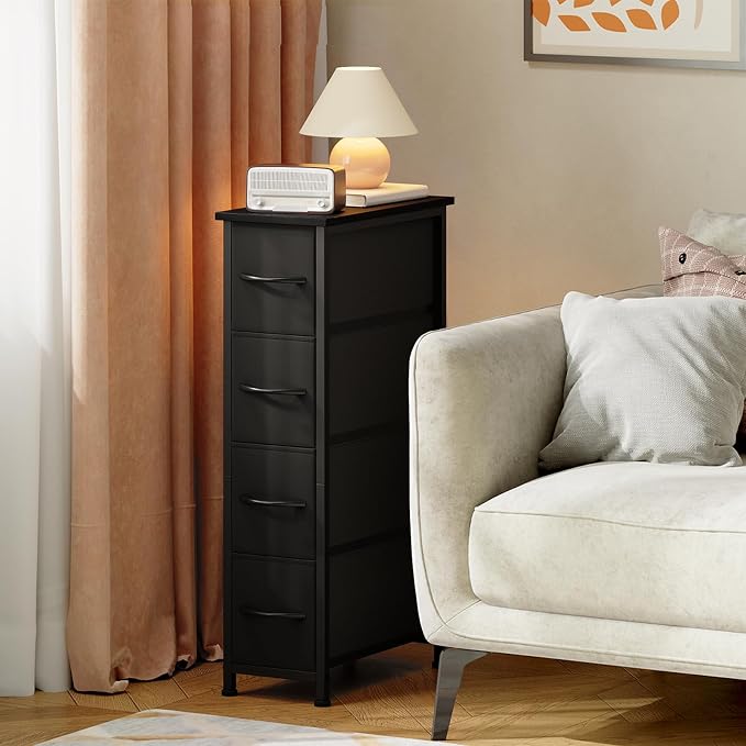 Somdot Narrow Dresser with 4 Drawers, Slim Storage Organizer Chest of Drawers with Removable Fabric Drawers for Small Spaces Bathroom Closet Bedroom Laundry, Black