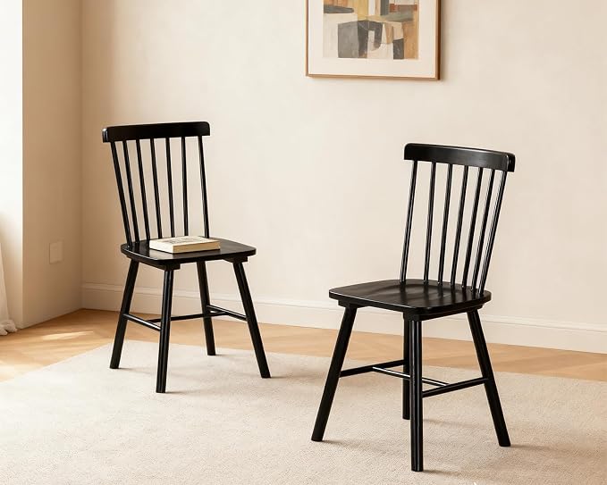 PrimeZone Windsor Dining Chairs Set of 6 - Solid Rubber Wood Farmhouse Kitchen Chair with Spindle Back, Mid-Century Modern Side Dining Chair for Dining Room, Kitchen & Restaurant, Black