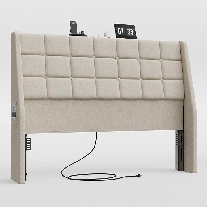 Ergonomic Upholstered Headboard Queen Size w/Charging Station, Linen Wingback Headboards w/Storage Pocket, Queen Headboard Only, Bed Frame Adapters, Sturdy Stable Solid Wood Bed Head Board, Beige