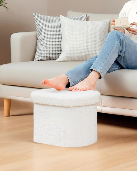B FSOBEIIALEO Storage Ottoman for Dorm Room, Boucle Folding Storage Ottoman Foot Rest, 16.14 Inches Small Collapsible Ottoman Cube for Living Room White Cream