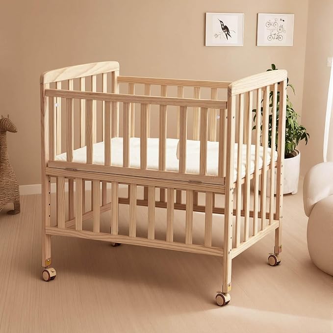 Flwrgirl Convertible Mini Baby Crib - Portable Bedside Bassinet with Mattress Included,3 Heights Baby Crib with Wheels for Small Room and Newborns 0-12 Months,Unpainted