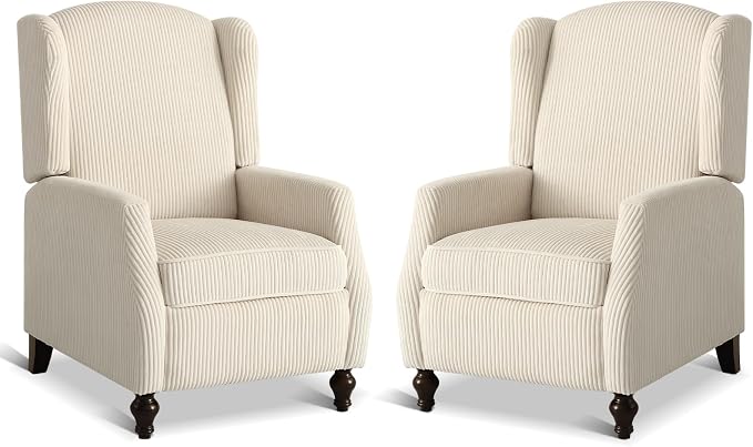 Upholstered Wingback Recliner Chair, Cozy Corduroy Manual Push Back Recliner for Living Room, Bedroom (2, Beige)