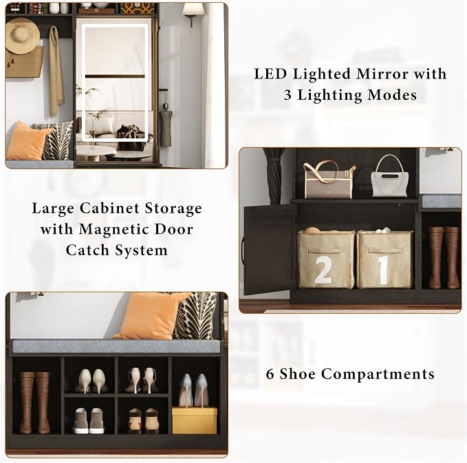 chartustriable 71''H 86.6''W Large LED Farmhouse Hall Tree with Bench and Shoe Storage,Entryway Bench with Coat Rack,12 Shoe Cubbies & Umbrella Holder,Mudroom/Hallway Storages Cabinet(Black)