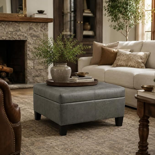 HomePop 28" Faux Leather Square Storage Ottoman - Pewter Gray