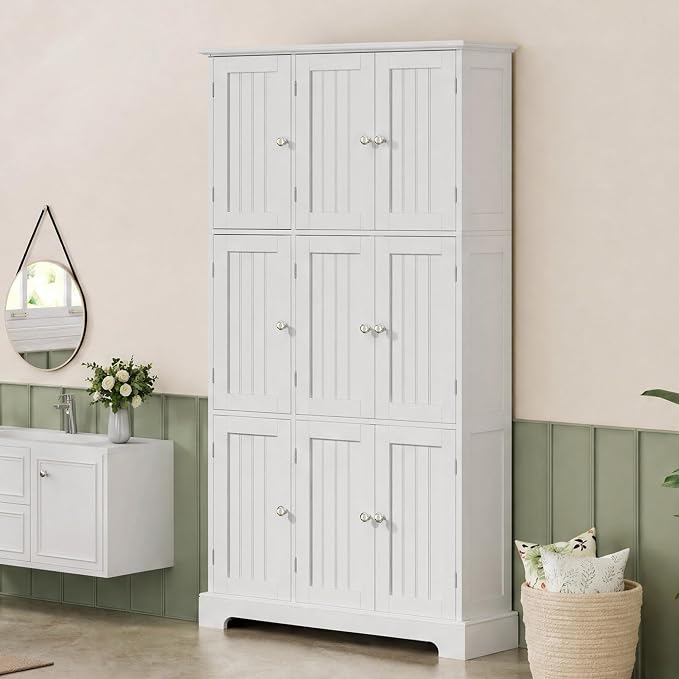 ChooChoo Bathroom Storage Cabinet with 9 Doors, Narrow Floor Cabinet with Adjustable Shelves, White Slim Pantry Cabinet for Kitchen, Bathroom, Laundry Room, Living Room