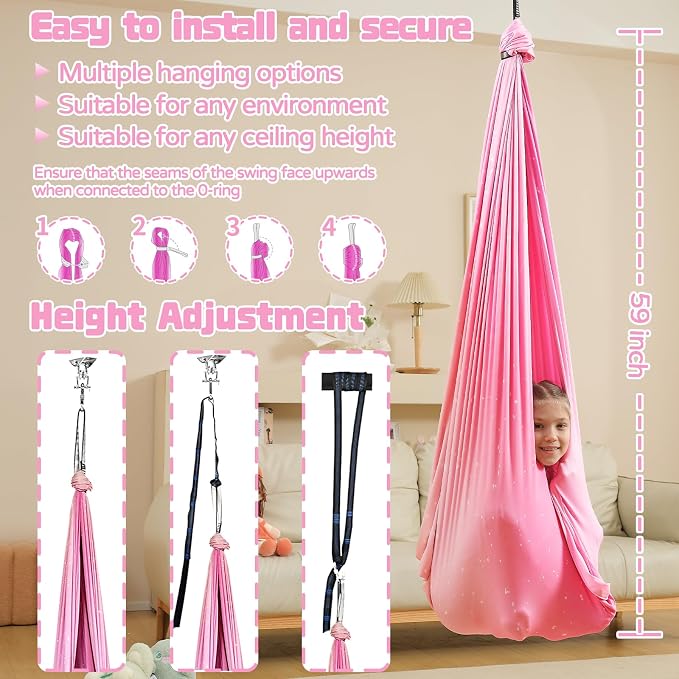 Sensory Swing for Kids Indoor & Outdoor Double Layer Therapy Cuddle Hammock Chair with 360° Swivel Hanger Kit Adjustable Child and Adult Aspergers Autism ADHD (Pink) (WUBOTIYU010)