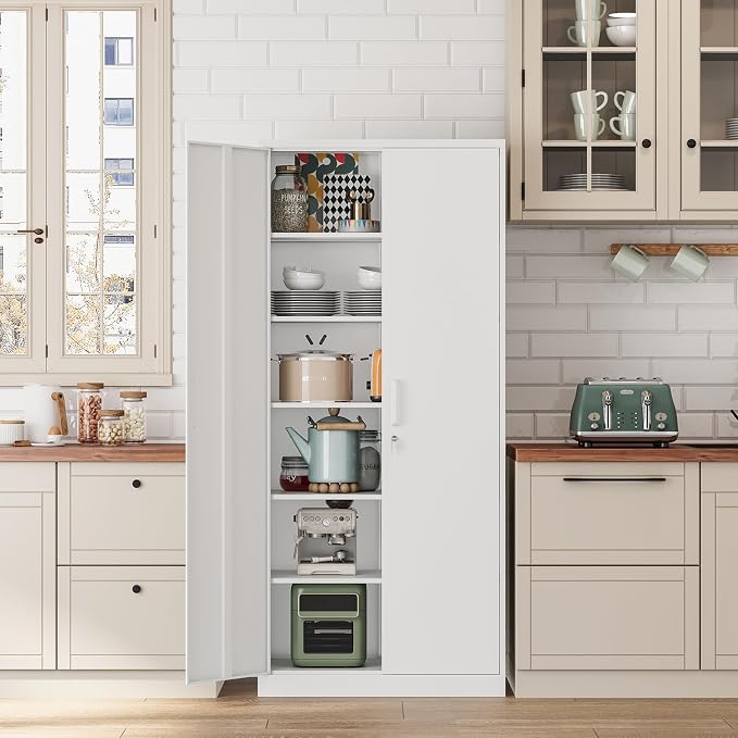 Fesbos Metal Storage Cabinet-72” Tall Steel File Cabinets with Lockable Doors and 5 Adjustable Shelves-White Steel Storage Cabinet for Home, School, Office, Garage
