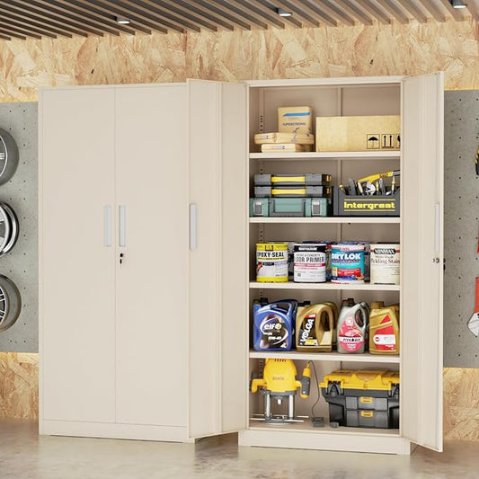 Bonusall 72" Metal Garage Storage Cabinet, 2 Locking Doors & 4 Adjustable Shelves Tall Storage, Heavy Duty Steel Tool Cabinet for Home, Office, Warehouse, School -Warm Gray