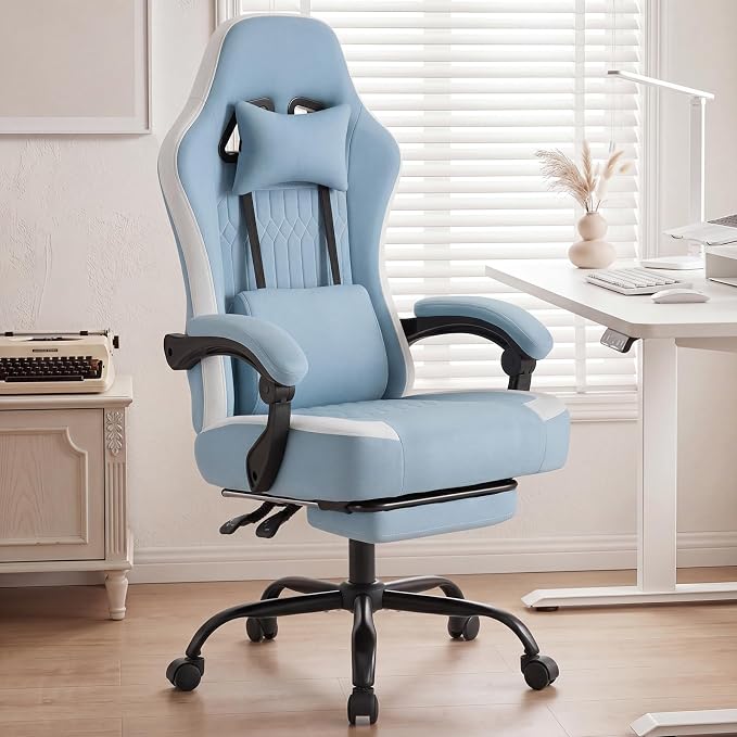 DUMOS Gaming Chair with Linkage Armrests, Video Game with Pocket Spring Cushion, Ergonomic Computer Silla Gamer Office Desk Chair with Footrest for Adults & Students, Blue