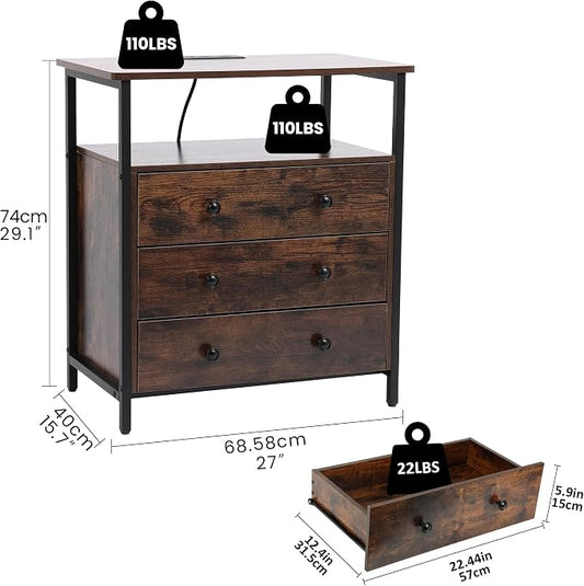 Edbuosy 3 Wooden Drawers Night Stand, 27 Inch Wide Nightstand Set 2 with Charging Station and Adjustable Drawers, Small Dresser for Closet, Bedside Table for Living Room/Bedroom/Office, Retro Brown