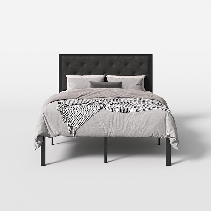 SHA CERLIN Full Size Metal Bed Frame with Linen Tufted Headboard, Dark Gray | Modern Design Heavy-Duty Platform Bed, No Box Spring Need, Linen Fabric Upholstery, Noise Free, Easy Assembly