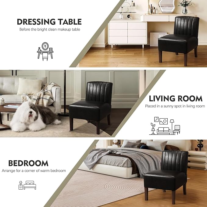Armless Accent Chairs Upholstered Dining Chairs Living Room Chairs with Solid Wood Legs Leather Reading Chair for Adults Comfy Chair for Bedroom Vanity Kitchen (Black)