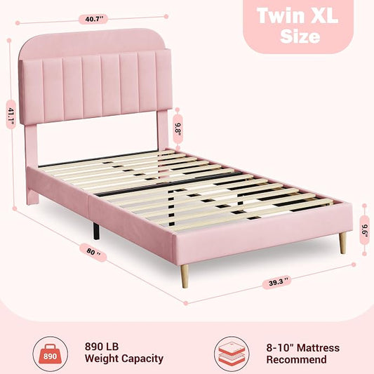 IDEALHOUSE Twin XL Bed Frames, Upholstered Platform Bed Frame with Bookcase Headboard, Velvet Platform Bed Mattress Foundation, Heavy Duty Steel Support Legs, Easy Assembly, Noise Free, Light Pink
