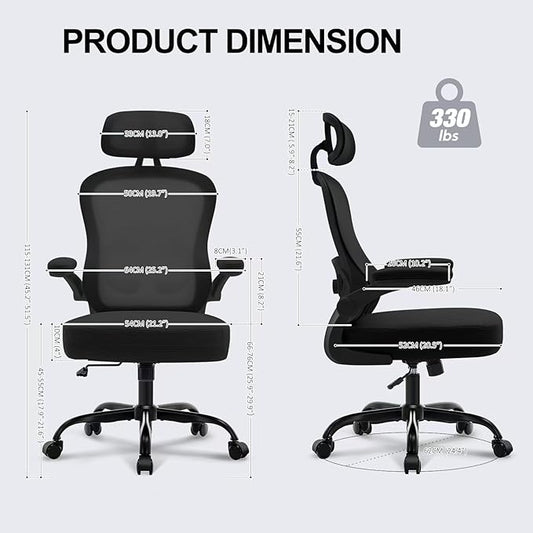 Ergonomic Office Chair,Ultra Thick Spring Cushion Desk Chair,Black | Adjustable Lumbar Support and Headrest,Flip-up Arms,Rocking Function,Mesh Home Office Computer Chair