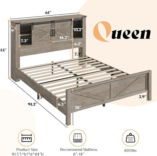 AMERLIFE 3-Piece Farmhouse Bedroom Set, Queen Size Bed with Sliding Barn Doors & Bookcase Headboard, 5-Drawer Tall Dresser, 4-Drawer Wide Dresser, Light Rustic Oak