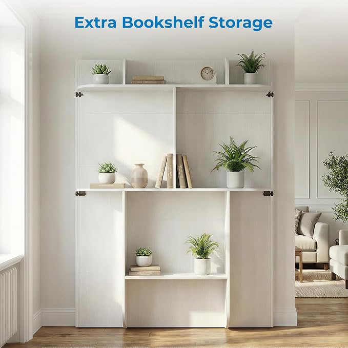 Mjkone Queen Size Wall Murphy Bed with Storage Shelf, Queen Wall Beds Cabinet Murphy Beds with Bookshelf, Top Cabinet Bedframe, Space-Saving Cabinets Beds for Bedroom/Guest Room/Studio/Office - White